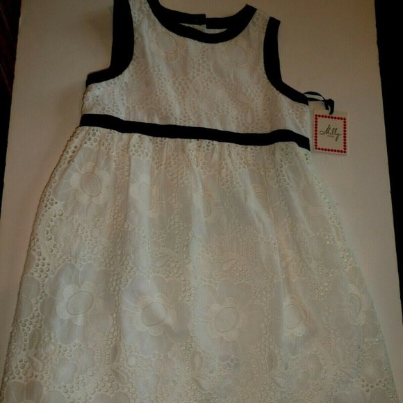 Milly Minis Little Girl Navy Silk Trim Off White Cotton Lace Dress Size 5 - Picture 2 of 12